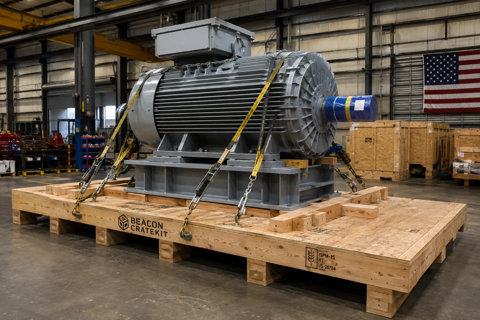 Heavy industrial equipment secured to a custom wood shipping skid