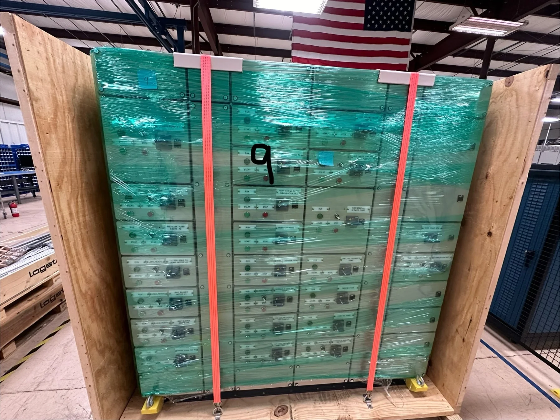 Electrical control panel inside a custom wood shipping crate